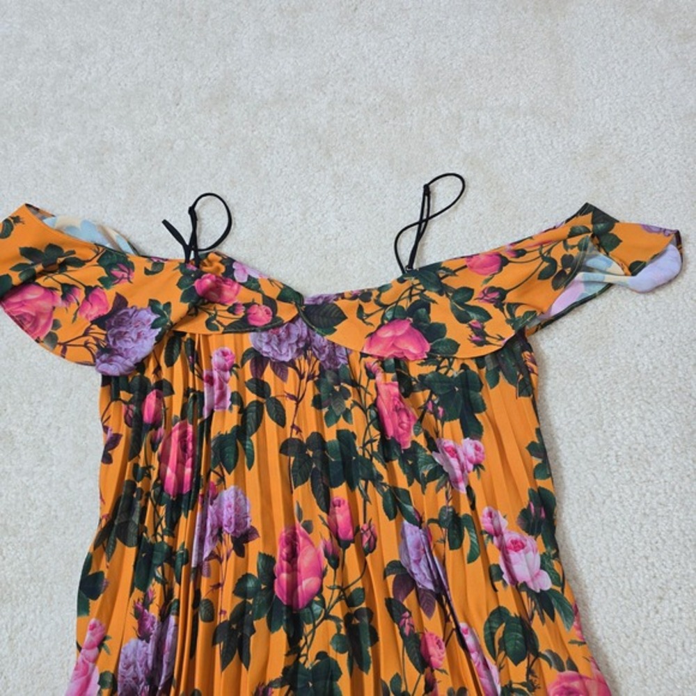 DELFI x Anthropologie Elsa Floral Orange Off Shoulder Pleated Mini Dress Size S - Picture 5 of 8